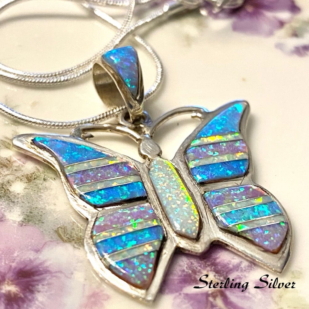 Signed SM Sterling Silver Multi Color Opal Butterfly Pendant Necklace